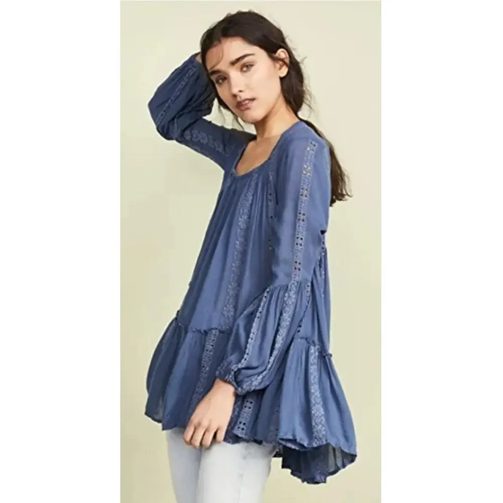 Free People Kiss Kiss Tunic Dress Womens XS Blue Tiered Swing Cut Out Oversized